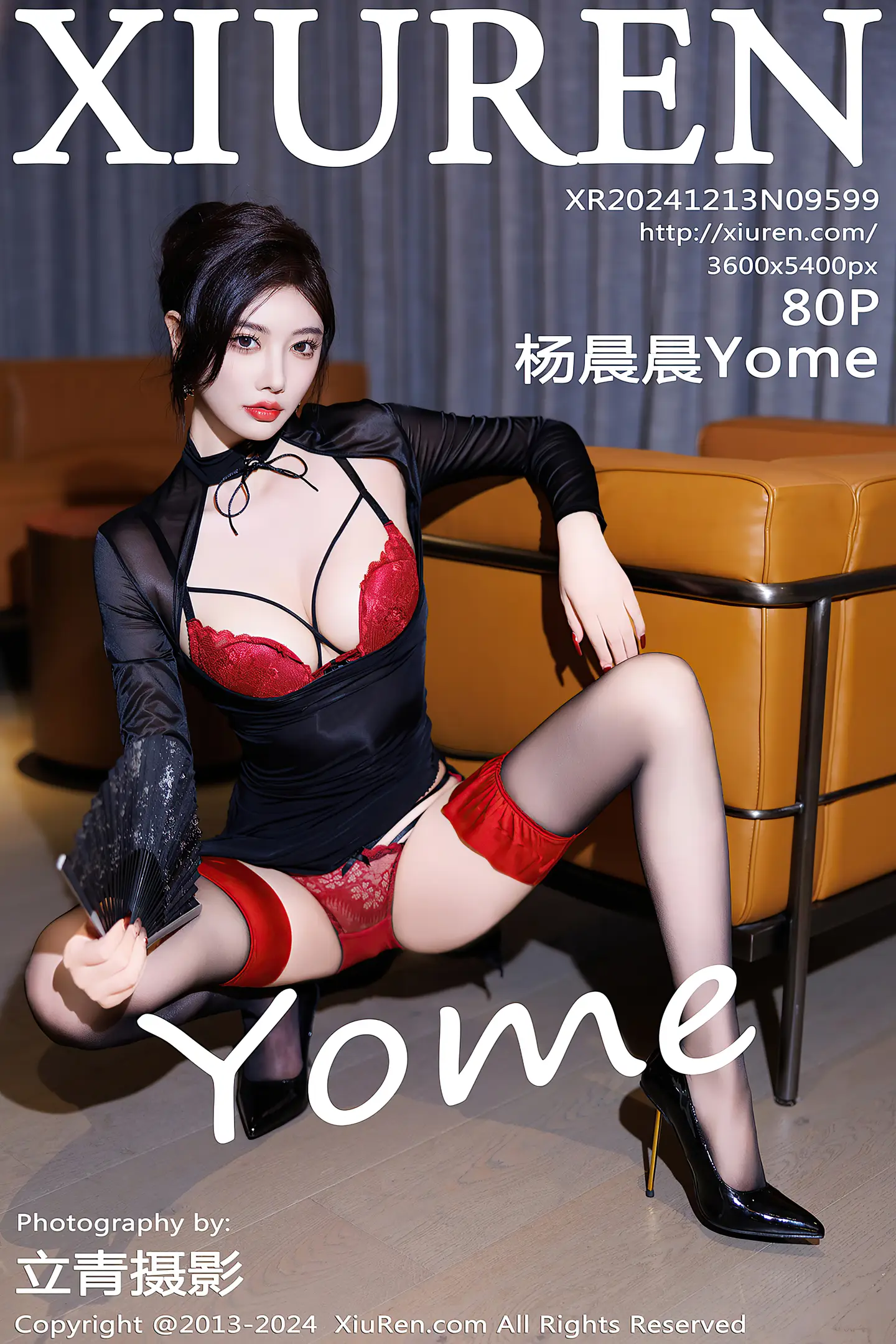 [XiuRen秀人网] VOL.9599 女神杨晨晨Yome性感黑色服饰露红色内衣配黑丝袜秀美腿诱惑写真80P-秀人网官方网站